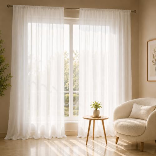 Image of LINENWALAS Aesthetic Sheer Curtains 6 Feet Long Set of 2, Poly Linen Shrink & Fade Proof Drapes for Window, Semi Transparent Modern Panels with Rod Pocket Hanging for Living Room (White /6 Feet)