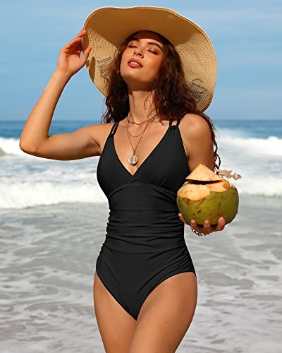 Charmo Tummy Control One Piece Swimsuits For Women Ruched Bathing Suits Criss Cross Strappy Monokini Black Large #TOP3