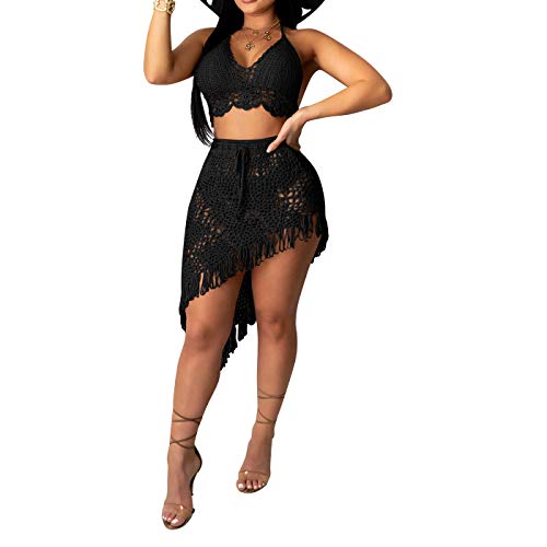 Sexy Dress for Women Summer - Fashion Color Block Strap Crochet Crop Top Bodycon Skirts Party Beach 2 Piece Dress Sets Outfits Black-2 L