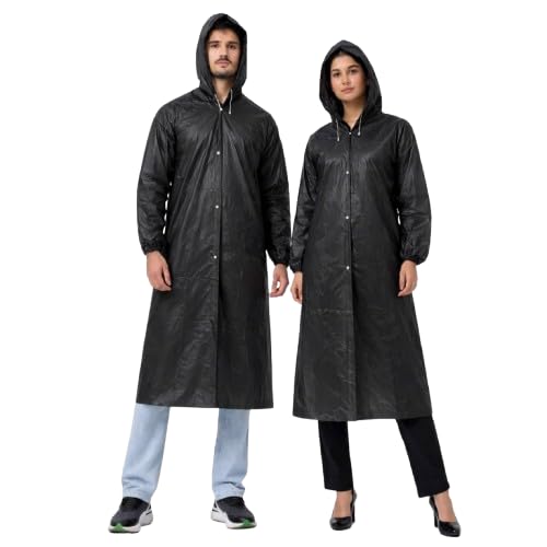 eva reusable raincoat with hood, black, waterproof, button closure, knee length, full sleeves, universal fit, for men and women
