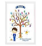 cartel arbol de huellas para imprimir -Cuadro árbol de huellas para guardar un recuerdo de los invitados a la Comunión de tu hijo. Árbol de huellas con niño. A juego con nuestras invitaciones, recordatorios, libretas, imanes con taco notas...