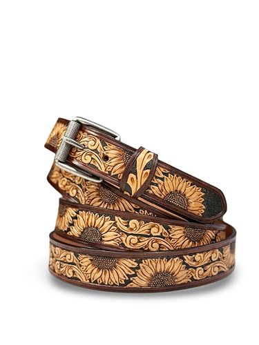 Western Sunflower Belt for Men Women Full Grain One Piece Leather Handmade Belt with Buckle 1.5” Wide Tooled Embossed