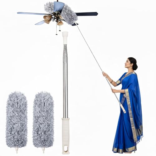 Image of Microfiber Feather Duster Fan Cleaner mop Bendable Head & Extendable Pole Extra-Long Fan Cleaning Duster, Washable Dust Cleaner for High Ceiling Fans, Window Blinds, Furniture & Cobwebs (Pack of 02)