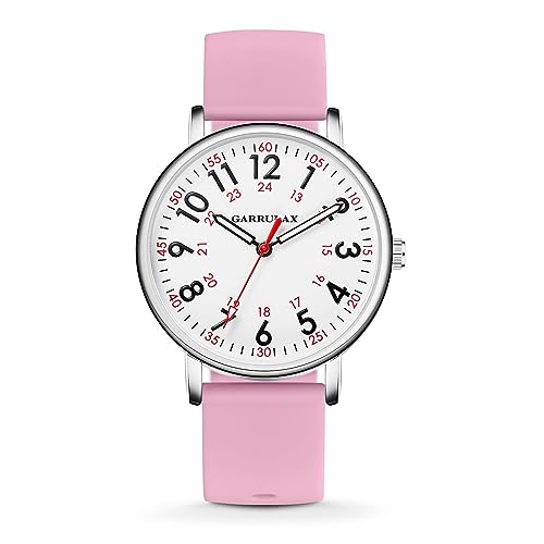 Garrulax Montre, cadran clair facile à lire avec trotteuse et bracelet en silicone souple et respirant 24 heures, résistant à l'eau pour infirmières, étudiants, médecins, rose bonbon, lanière