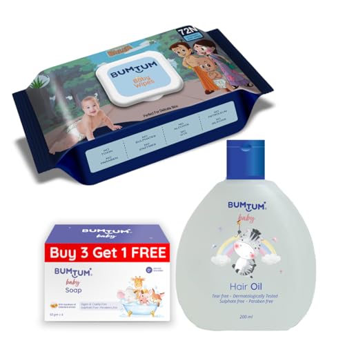 Image of Bumtum Chota Bheem Gentle Soft Moisturizing Wet Wipes With Lid - 72 Pcs.(Pack of 1) & Baby Soap (4N x 50 Gram) & Baby Hair Oil (200 ML) Combo