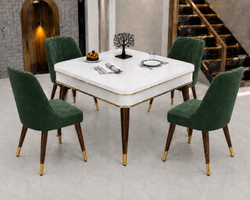 Image of WOODEN SPACE 4 Seater Wooden Dining Table Set | Urban Marble Top Dining Table with Chairs for Dining Room & Kitchen (Modern Frontline Dark Green) (42 x 42 x 30 inch)