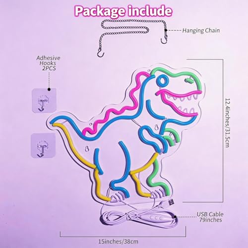 Image of Kids Dinosaur Neon Light - Dimmable LED Decor for Children's Bedroom, Dinosaur Birthday Party Decor, Gift for Boys & Girls Age 5-12, 15x12.4 inch USB Powered