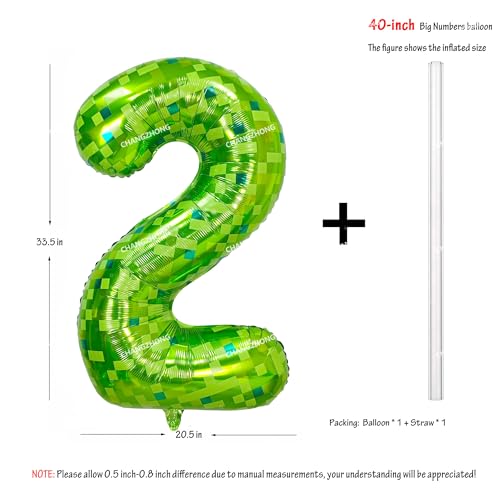 Image of 40 inch giant Green pixel miner game number 2 balloon | Large mining theme foil balloon 0-9 for pixel game parties children's birthdays party anniversary baby shower decoration