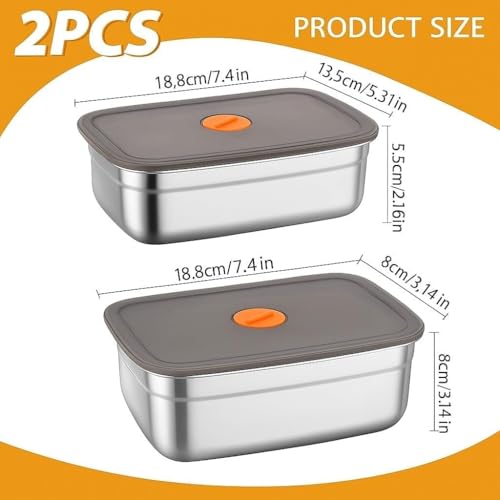Image of SOLIGT CHONGZFU Stainless Steel Food Storage Containers With Airtight Lids Set, Stackable Leak Proof Metal Container Kitchen Storage Set, Draining Crisper Refrigerator Food Box, Silver 1500 ML 3 Pcs