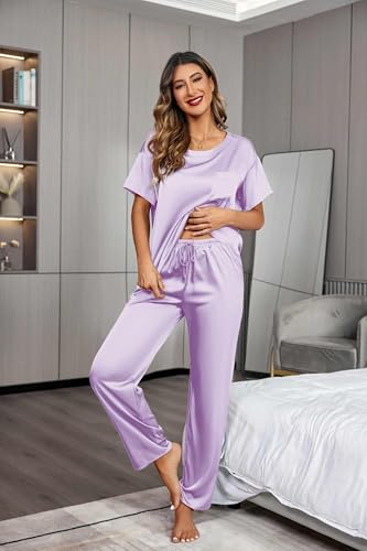 Image of Ekouaer Womens Satin Silky Pajama Set Short Sleeve Shirt with Long Pajama Pant Set Soft PJ Loungewear