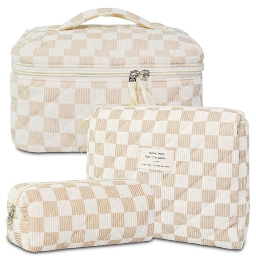 AMZMA 3Pcs Travel Makeup Bag Organizer, Toiletry Bag for Women, Cosmetic Bags for Women Travel Set, Cute Makeup Bags, Quilted Cosmetic Bag, Women's Quilted Toiletry Bag Storage