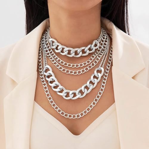 Chunky Silver Necklace, Layered Silver Chunky Necklace, Trendy Punk 80s Hip Hop Silver Necklace for Women, Cuban Chain Pendant Necklace 90s Outfit Accessories2