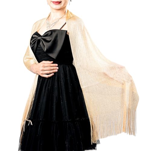 Evening Dress Scarf and Gold Silk Thread Shiny Shawl for Wedding Party and Bar Mitzvah