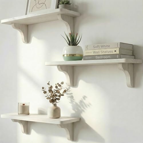 Image of Real Wood White Shelves for Wall - 17 inch (3 Pack) - Easy to Install, Template and Video Included - White Wall Shelves, Shelves for Room, Decorative Wall Shelf
