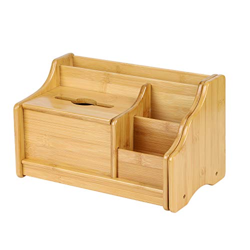Expandable Desktop Bookshelf Organizer with Tissue Box, Bamboo Desk Storage Shelf Rack Mail Sorter Bookcase Table Counter Holder for Pencil Remote Office Supplies
