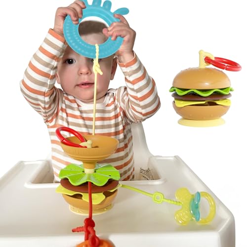 Aprilwolf Hamburger Suction Cup Toys Holder for High Chair, Stroller Baby Toys 6-12 Months & Toddlers, 3 Tethers Keep from Falling, Great for Restaurant & Car Seat Airplane Travel
