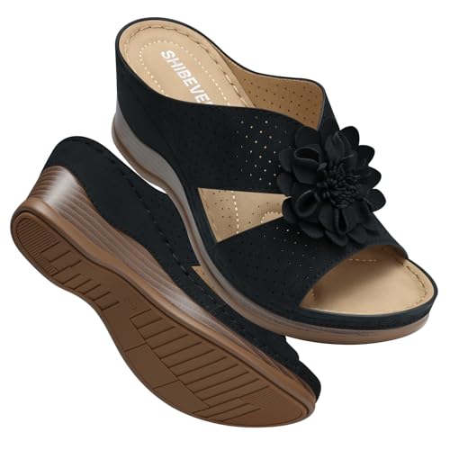 Image of SHIBEVER Womens Wedge Sandals Dressy: Arch Support Slip-On Comfortable Summer Sandals Open Toe Flower Casual Platform Shoes Size 5-11