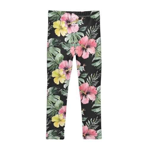 Hibiscus and Tropical Leaf Girls Casual Leggings for Kids Printed Long Pant Bottoms Stretch and Soft2