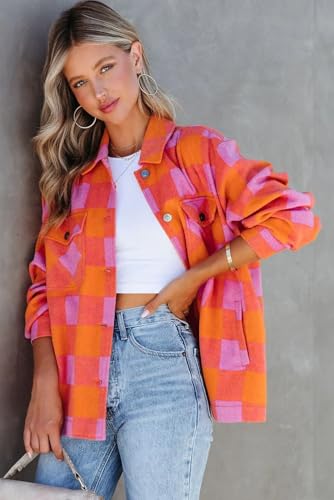 Women's Orange Plaid Chest Pocket Button-up Turn Down Collar Jacket3