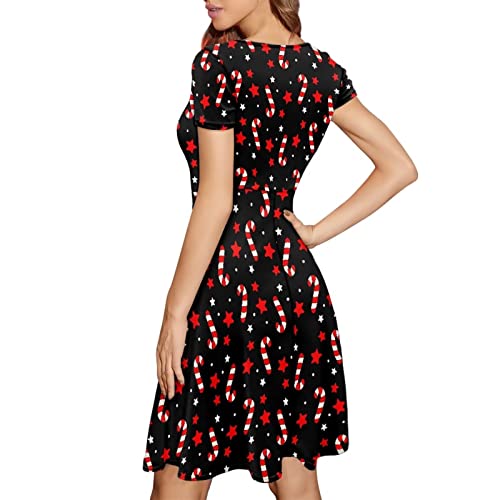Image of POLERO Women Puffy Swing Elegant Party Midi Dresses Short Sleeve Round Neck A-Line Dress