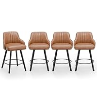VINGLI 26" H Swivel Barstools Set of 4, PU Leather Upholstered Counter Stool with Back, Kitchen High Chairs Counter Height Bar stools with Cushion, Solid Wood Legs, Brown