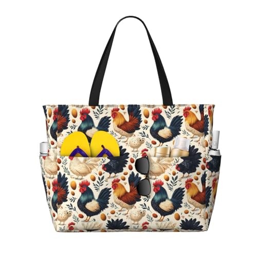 Large Beach Bags for Women Sandproof - Rooster and Eggs Print Summer Travel Work Tote Bags with Zipper