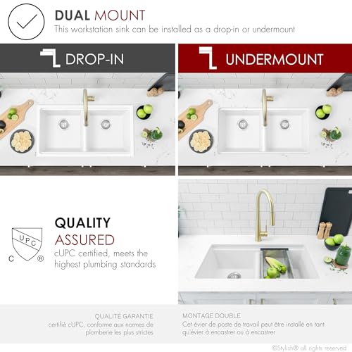 Image of Stylish 33 x 18 Inch Composite Granite Workstation Kitchen Sink, Double Bowl Under Mount & Drop in, 9.5 in Deep, with Bamboo Cutting Board, Roll-Up Drying Rack, Colander & Strainers, White, S-833WH