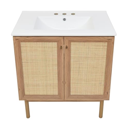 Image of Swiss Madison Classe 30 in. Brown Oak Bathroom Vanity with White, 3-Hole Ceramic Sink Top