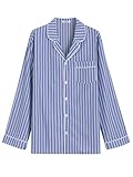 Latuza Men's Button Up Pajama Shirt Cotton Long Sleeve Sleep Shirt, Blue Stripe, Large
