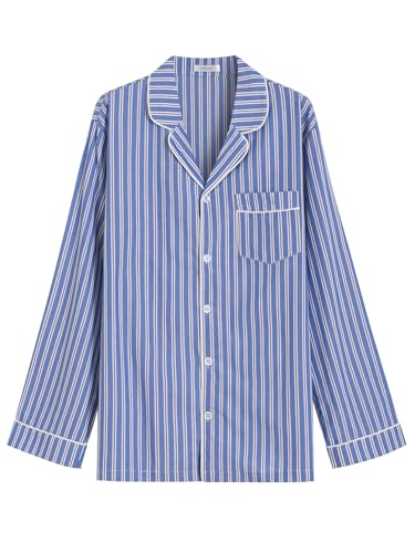 Latuza Men's Button Up Pajama Shirt Cotton Long Sleeve Sleep Shirt, Blue Stripe, Large