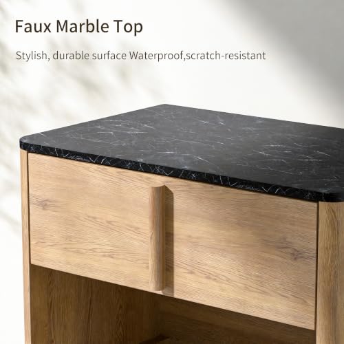 Image of 31.5 inch Wide 3 Drawer Dressers, Faux Marble & Wood Storage Cabinet, Modern Curved Accent Chest with Rounded Wood Handles for Bedroom, Living Room & Entryway, Walnut