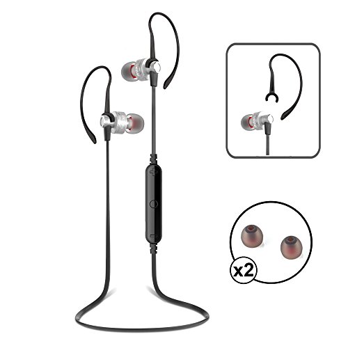 PROT3CH® Auriculares inalámbricos Bluetooth 4.0 con cancelación de ruido CVC 6.0 Sonido estéreo HD y micrófono para llamadas de manos libres. Deporte. Correr. Auriculares. Conjunto de auriculares para iPhone 5 5c 5s 6 6s 6 Plus Samsung S 5 6 y smartphones Android + 2 conjuntos extra de almohadillas para el oído