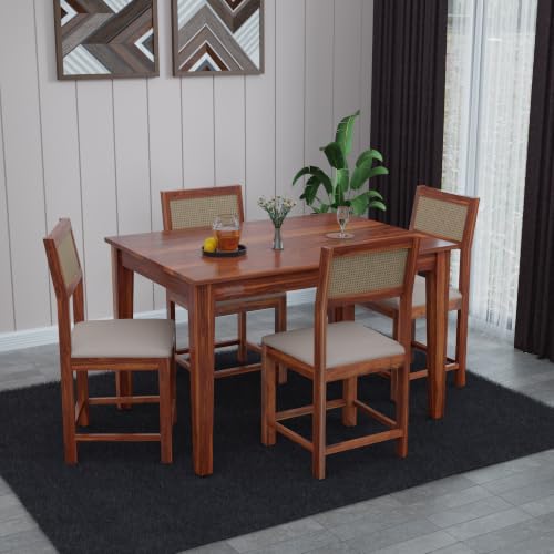 Image of DRIFTINGWOOD Amber Solid Sheesham Wood 4 Seater Dining Table Set with Rattan Back Chairs | Beige Velvet Cushioned Seating for Home & Dining Room (Honey Finish, DIY)