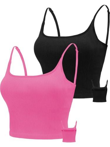 Image of Chilylori Seamless Sports Bra Cropped Tank Top with Adjustable Strap 2 Pack | Workout Tops Ribbed Sports Bra for Women Wireless Longline Crop Tank Padded Comfortable Brami