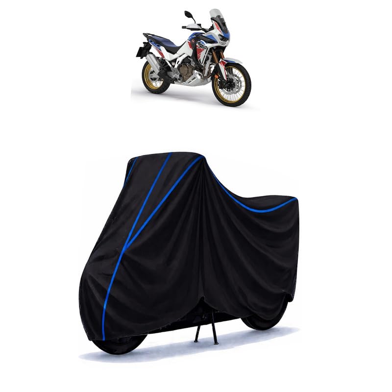 Image of Africa Twin Manual Bike Cover Water Resistant Universal Motorcycle Rain | Heavy Duty UV Protection, Dust, Scratch Indoor Outdoor All Weather with Black Blue Piping Elastic