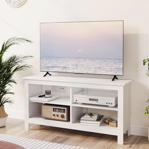 Gyger 43 Inches TV Stand Mid Century Modern Entertainment Center with 4 Open Shelves Farmhouse TV Media Console Table for Living Room Bedroom Television Stand up to 50 Inches(White)