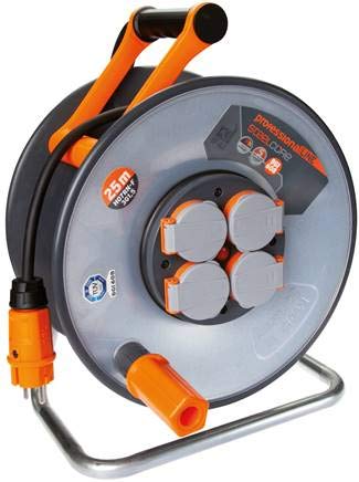 Enrollador de cable de metal, 25 metros, IP44 BGI 608, uso interior y exterior