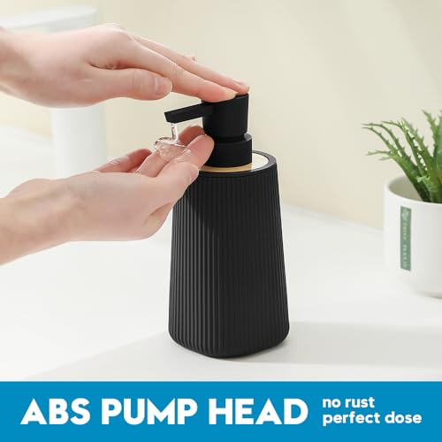 Image of Small Soap Dispenser for Bathroom and Kitchen, Modern Farmhouse Striped Style Plastic Hand Soap Dish Soap Dispenser with Bamboo Decor Black