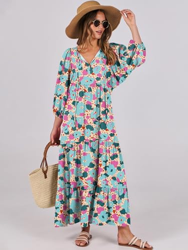Image of ANRABESS Womens Boho Floral 3 /4 Puff Sleeve Maxi Dress