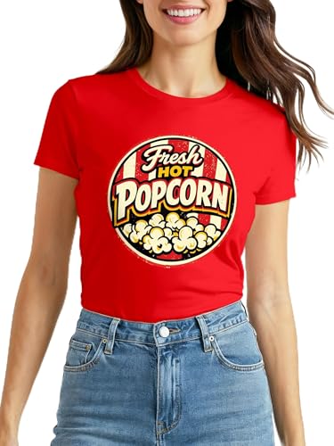 MoonWorks Damen T-Shirt - Fresh Popcorn - Fasching Karneval Ersatz Verkleidung Last Minute Kostüm Funshirt Slim Fit Rot XL