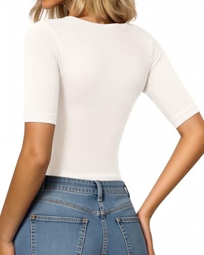 ALGALAROUND Damen Body Tshirt Rundhals Halbarm 1/2 Arm Langarmbody Shirt Langarm Oberteil Basic Top Damenshirt Damenbody Baumwolle Long Sleeve Bodysuit Shirts für Women 2025 Winter Herbst Weiß S