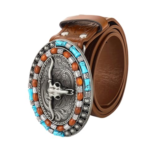 Image of GUSTAVE Belts for Men Western Cowboy PU Leather Men Belt Waist Engraved Waist Belts for Jeans 120cm /47in