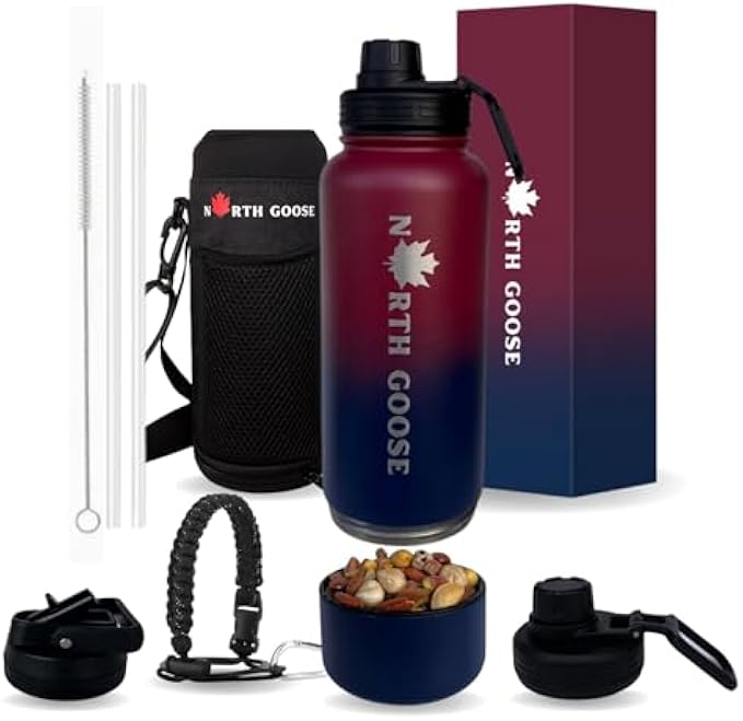 North Goose Insulated Water Bottle With Straw,2Lids,Carrying Bag & Detachable Bowl. Stainless Steel Water Flask-LeakProof-BPA Free.Double Wall Sports Water Bottle Keep Cold 48H &Hot 24H