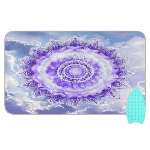 pnyoin Portable Ironing Mat Mandala Design Purple Travel Ironing Pad with Silicone Iron Rest for Steam Pressing on Tabletop or Bed Heat Resistant Portable Quilting & Travel Blanket