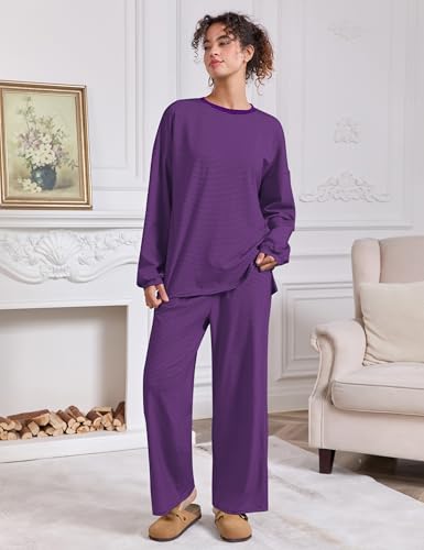 Image of MISSACTIVER Women's 2 Piece Striped Lounge Set Long Sleeve Oversized T-Shirt Wide Leg Pants Matching Pajamas Set