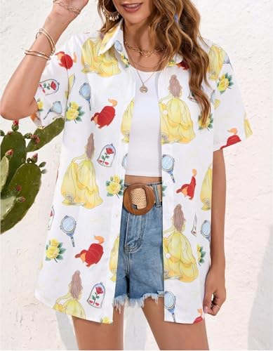 Image of ASTANFY Hawaiian Shirt Women Hawaii T-Shirt Tropical Floral Printed V Neck Shirts Soft Cool Summer Beach Button Up Blouse