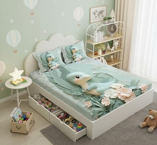 Image of Filymore 7D bedsheet for Kids Cute Baby Dragon Print for Super King Size Double Bed 300TC Microfiber with 2 Pillow Covers | Size (108 X108) Inches | Green Dino Bed Cover for Boys and Girls