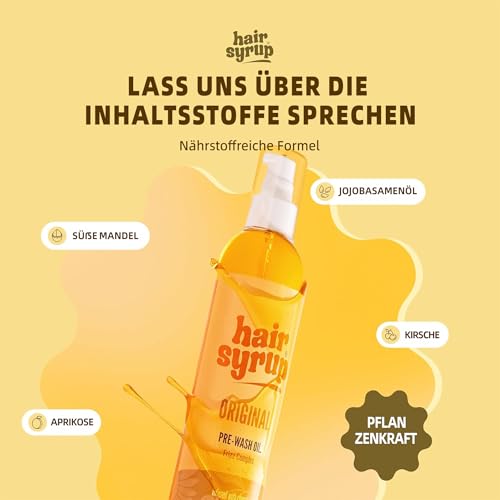 Hair Syrup | Oryginalny olejek do włosów Pre-Wash | z wiśnią, morelą i migdałami | do włosów splątanych, splątanych lub pozbawionych połysku | wegański | 100% naturalny | 300 ml