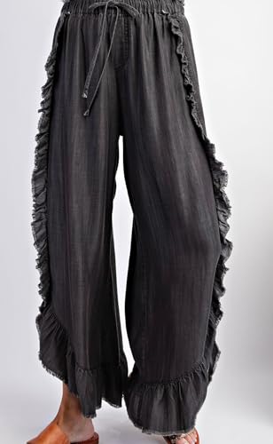 utcoco Womens High Waisted Wide Leg Jeans Casual Loose Fit Ruffle Side Slit Denim Pants Trousers with Drawstring2