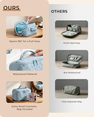 Image of Batfield Makeup Pouch Bag for Women, 2Pcs Waterproof Puffer Set with 180 Flat Open, Travel Large Capacity Makeup Bag for Women with Brush Compartment & Handle for Vacation, Business Trip (Blue)